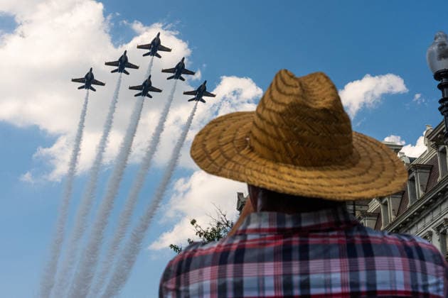 Salute to America Semiquincentennial Flyovers The US Navy Blue Angels perform a flyover over Washington, DC during the Salute to America Semiquincentennial celebration in Washington, DC, USA, on Saturday, July 4, 2026. Credit: Aaron Schwartz Pool via CNP Washington District of Columbia United States  Copyright: xPool ABACAx