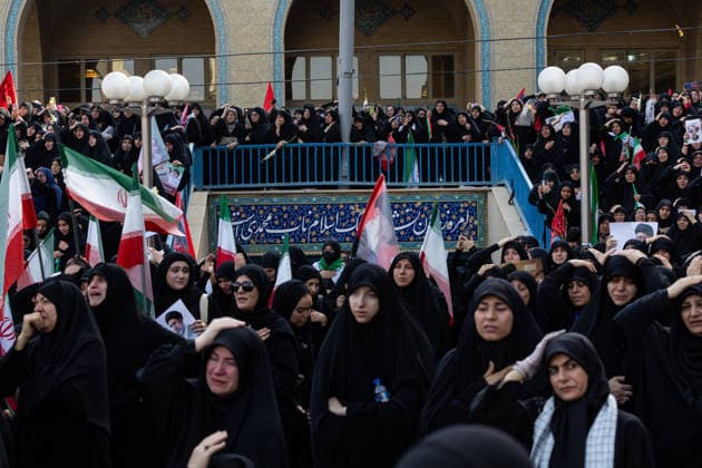 Iran: Funeral ceremonies for the late Iranian Supreme Leader Mourners gather for the start of the days-long funeral ceremonies for the late Iranian Supreme Leader Ayatollah Ali Khamenei and members of his family at the Imam Khomeini Mosalla Grand Mosque. RESTRICTIONS: NO Access Israel Media Persian Language TV Stations Outside Iran Strictly No Access BBC Persian VOA Persian Manoto TV Iran International TV Tehran Tehran Iran Copyright: SobhanxFarajvan