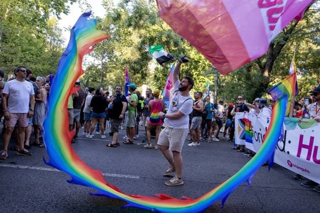July 4, 2026, Madrid, Madrid, Spain: A person juggles a multicolored ribbon during MADO 2026 on a street in the center of Madrid..Celebration of MADO, annual LGBT Pride parade through the center of Madrid, one of the largest and most important in Europe. Madrid Spain - ZUMAs197 20260704_aaa_s197_168 Copyright: xSOPAxImagesx