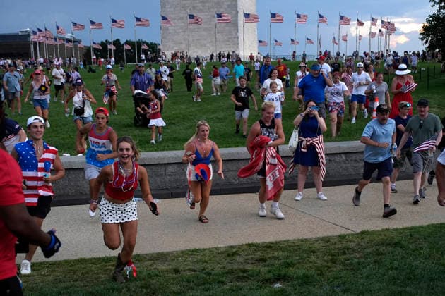 250th Independence Day Celebration evacuation - Washington Attendees run back to heir seats after thinking evacuate was canceled the Fourth of July celebrations marking the 250th anniversary of U.S. Independence due to the threat of sever weather near Washington Monument in Washington on July 4, 2026. Photo by Yuri Gripas ABACAPRESS.COM Washington DC United States  Copyright: xGripasxYuri ABACAx