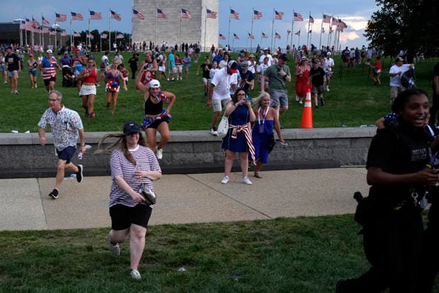 250th Independence Day Celebration evacuation - Washington Attendees run back to heir seats after thinking evacuate was canceled the Fourth of July celebrations marking the 250th anniversary of U.S. Independence due to the threat of sever weather near Washington Monument in Washington on July 4, 2026. Photo by Yuri Gripas ABACAPRESS.COM Washington DC United States  Copyright: xGripasxYuri ABACAx