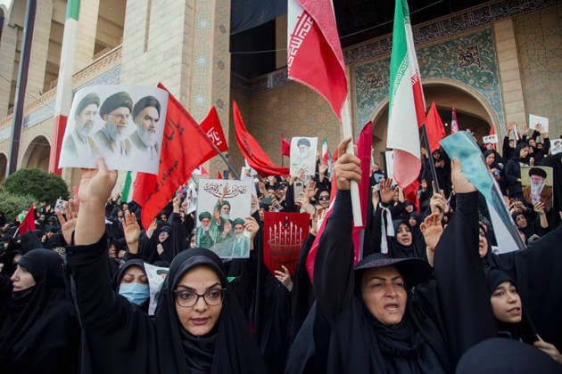 Tehran Iran Khamenei Funeral July 4 Mourners raise their fists and hold posters of Iranian leaders during the funeral ceremony for late Supreme Leader Ayatollah Ali Khamenei in the courtyard of the Imam Khomeini Grand Mosalla in Tehran, Iran, on July 4, 2026. Ayatollah Khamenei and members of his family were killed on February 28 in a U.S.-Israeli airstrike during the first day of a military campaign against the Islamic Republic. The attack brought an end to his 36-year rule, leading to a six-day multi-city state funeral and drawing thousands of mourners to pay their final respects. Tehran Tehran Iran Copyright: xHosseinxBerisx