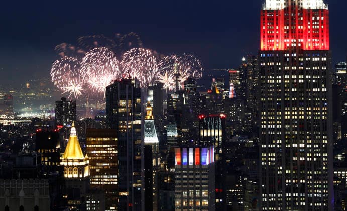 The Macy s 4th of July fireworks light up the night sky as part of the celebration of America s 250th anniversary as seen From the Top of the Rock Observation Deck at Rockefeller Center in New York City on Saturday, July 4, 2026.  NYP20260704952 JOHNxANGELILLO