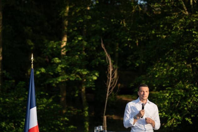 Marine Le Pen and Jordan Bardella at the RN party event La fete champetre - Lievin AJ French far-right party Rassemblement National (RN) president Jordan Bardella speaks as he addresses the audience during a RN party event La fete champetre in Lievin, northern France on July 4, 2026. Photo by Alexis Jumeau ABACAPRESS.COM. Paris France  Copyright: xJumeauxAlexis ABACAx