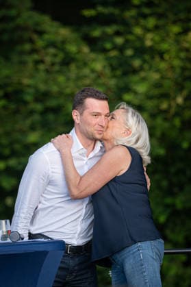 Marine Le Pen and Jordan Bardella at the RN party event La fete champetre - Lievin AJ French far-right party Rassemblement National (RN) president Jordan Bardella and President of Rassemblement National parliamentary group Marine Le Pen hug during a RN party event La fete champetre in Lievin, northern France on July 4, 2026. Photo by Alexis Jumeau ABACAPRESS.COM. Paris France  Copyright: xJumeauxAlexis ABACAx