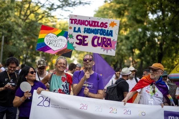 Madrid, pride 2026 A man carries a banner during MADO 2026 on a street in downtown Madrid. Celebration of MADO, annual LGBT Pride parade through the center of Madrid, one of the largest and most important in Europe. MADRID Spain Copyright: xDavidxCanalesx xSOPAxImagesx David-Canales-1438724