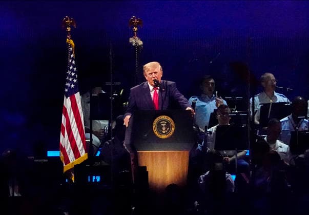 President Donald Trump speaks during a Salute to America event to celebrate America s 250th anniversary in Washington DC on Saturday, July 4, 2026. The speech is scheduled to conclude with a 35 minute fireworks display featuring 850,000 pyrotechnic effects.  WAP20260704907 BONNIExCASH