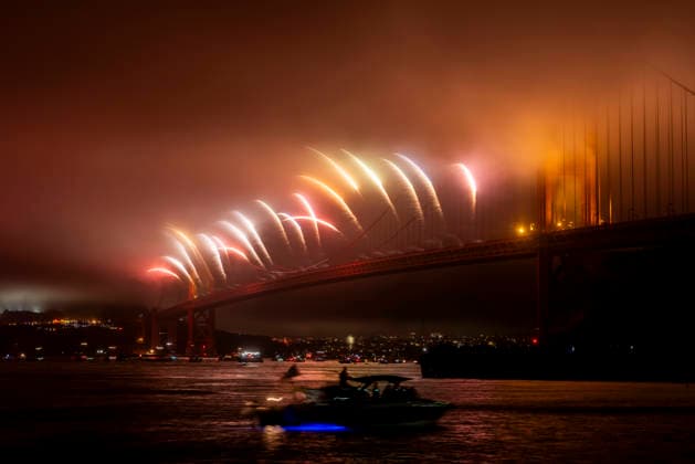 Spectators watch the fireworks display on the Golden Gate Bridge for the 250th anniversary of the United States from Horseshoe Bay in Sausalito, California on Saturday, July 4, 2026.  SFP20260704309 PETERxDASILVA
