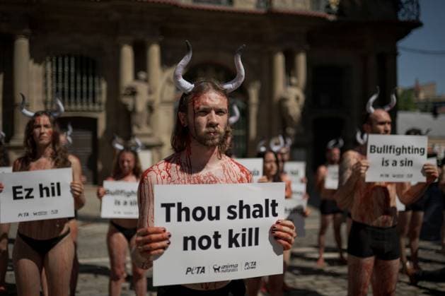 Animal rights activists protest in Pamplona ahead of San Fermin Festival PAMPLONA, SPAIN JULY 5, 2026: Animal rights activists from PETA (People for the Ethical Treatment of Animals) and AnimaNaturalis take part in a demonstration against bullfighting and the Running of the Bulls in Pamplona, Spain, on July 5, 2026, ahead of the San Fermin Festival. The annual festival, which begins on July 6, is internationally known for its traditional bull runs and bullfights, practices that the organizations oppose on animal welfare grounds. Pamplona Navarre Spain Copyright: x xGarixGaraialdex xJNAxPressx