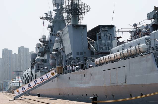 China Russia Naval Drills 9200276 05.07.2026 The Russian Pacific Fleet™s guards guided-missile cruiser Varyag is moored at the Qingdao naval base in Shandong Province, China. Russian warships arrived in Qingdao ahead of Maritime Interaction-2026, an annual joint naval exercise held by Russia and China in the Yellow Sea from July 6 to 13. Anna Ratkoglo Sputnik Qingdao China  Copyright: xAnnaxRatkoglox
