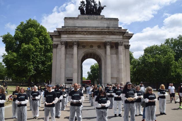 July 5, 2026, London, England, United Kingdom: Animal rights activists stand next to the Wellington Arch at Hyde Park Corner during a vigil by the group We Stand For The Animals for the billions of animals exploited, abused and killed by humans for food, clothing, entertainment and other areas of human activity. The activists held pictures of various species as well as bodies of real animals, who died of natural causes, in remembrance of animals worldwide and in protest against speciesism. London United Kingdom  - ZUMAv130 20260705_zip_v130_001 Copyright: xVukxValcicx