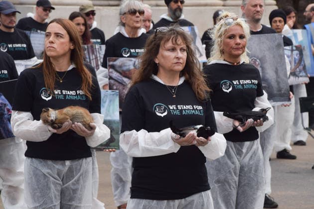 July 5, 2026, London, England, United Kingdom: Animal rights activists hold dead animals next to the Wellington Arch at Hyde Park Corner during a vigil by the group We Stand For The Animals for the billions of animals exploited, abused and killed by humans for food, clothing, entertainment and other areas of human activity. The activists held pictures of various species as well as bodies of real animals, who died of natural causes, in remembrance of animals worldwide and in protest against speciesism. London United Kingdom  - ZUMAv130 20260705_zip_v130_008 Copyright: xVukxValcicx