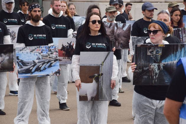 July 5, 2026, London, England, United Kingdom: Animal rights activists stand next to the Wellington Arch at Hyde Park Corner during a vigil by the group We Stand For The Animals for the billions of animals exploited, abused and killed by humans for food, clothing, entertainment and other areas of human activity. The activists held pictures of various species as well as bodies of real animals, who died of natural causes, in remembrance of animals worldwide and in protest against speciesism. London United Kingdom  - ZUMAv130 20260705_zip_v130_016 Copyright: xVukxValcicx