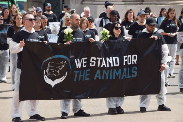 July 5, 2026, London, England, United Kingdom: Animal rights activists stand next to the Wellington Arch at Hyde Park Corner during a vigil by the group We Stand For The Animals for the billions of animals exploited, abused and killed by humans for food, clothing, entertainment and other areas of human activity. The activists held pictures of various species as well as bodies of real animals, who died of natural causes, in remembrance of animals worldwide and in protest against speciesism. London United Kingdom  - ZUMAv130 20260705_zip_v130_018 Copyright: xVukxValcicx
