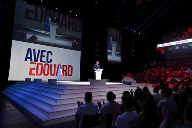 Edouard Philippe presidential campaign 2027 in Paris FA French right-wing party Horizons founder and president, mayor of Le Havre and candidate for the 2027 French presidential election Edouard Philippe delivers a speech on stage during his presidential election campaign rally at the Adidas Arena in Paris on July 5, 2026. Photo by Firas Abdullah ABACAPRESS.COM Paris Ile-de-France France  Copyright: xAbdullahxFiras ABACAx