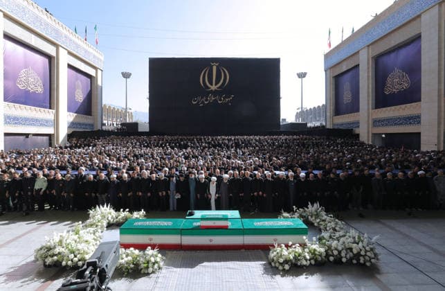 Funeral ceremony held in Tehran for Iran s former leader Khamenei TEHRAN, IRAN - JULY 5: ( RESTRICTIONS: NO Access Israel Media Persian Language TV Stations Outside Iran Strictly No Access BBC Persian VOA Persian Manoto TV Iran International TV ) (----EDITORIAL USE ONLY - MANDATORY CREDIT - IRANIAN LEADER PRESS OFFICE HANDOUT - NO MARKETING NO ADVERTISING CAMPAIGNS - DISTRIBUTED AS A SERVICE TO CLIENTS----) Thousands of people holding Iranian flags attend the funeral ceremony held for former Iranian Supreme Leader Ali Khamenei, who was killed during attacks launched by the United States and Israel on Feb. 28, and his family members at the Imam Khomeini Mosalla Mosque in Tehran, Iran, on July 5, 2026. Iranian Leader Press Office Handou  Copyright: x2026xAnadoluxIranianxLeaderxPressxOfficex xHandoutx