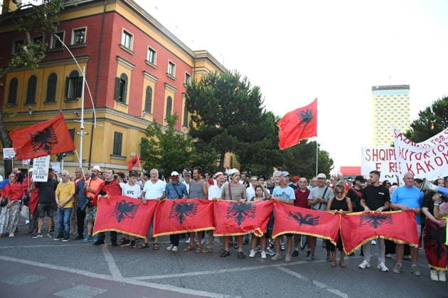 Demonstrations continue over tourism project in Zvernec, Albania TIRANA, ALBANIA - JULY 5: Demonstrators gather at Skanderbeg Square on the 36th day of protests against a planned tourism project in the Zvernec area of Vlora, in Tirana, Albania, on July 5, 2026. Protesters rally under the slogan Albania is not for sale, voicing their opposition to the proposed development. Olsi Shehu Anadolu Tirana Albania. Editorial use only. Please get in touch for any other usage.  Copyright: x2026xAnadoluxOlsixShehux
