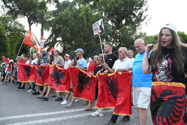 Demonstrations continue over tourism project in Zvernec, Albania TIRANA, ALBANIA - JULY 5: Demonstrators gather at Skanderbeg Square on the 36th day of protests against a planned tourism project in the Zvernec area of Vlora, in Tirana, Albania, on July 5, 2026. Protesters rally under the slogan Albania is not for sale, voicing their opposition to the proposed development. Olsi Shehu Anadolu Tirana Albania. Editorial use only. Please get in touch for any other usage.  Copyright: x2026xAnadoluxOlsixShehux
