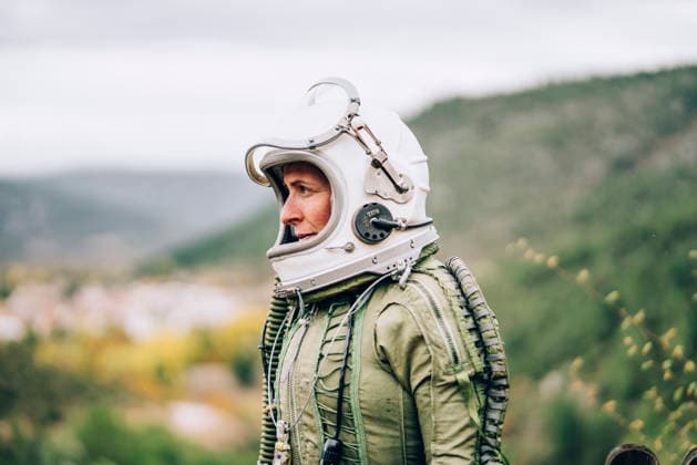 Woman in space suit exploring nature model released, Symbolfoto, OCMF00085