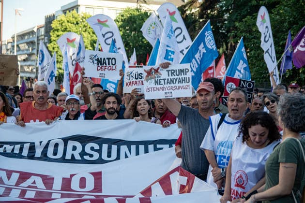 July 5, 2026, Istanbul, Istanbul, Turkey: Members and supporters of the No to NATO Coordination march during a demonstration under the slogan You Are Not Welcome, We Are Marching Against NATO in the Kadikoy district of Istanbul, Turkey, on July 5, 2026. The protest opposed NATO policies, militarization, and war, with participants carrying banners and chanting slogans during the march. Istanbul Turkey  - ZUMAt171 20260705_zip_t171_025 Copyright: xAbdullahxTepelix