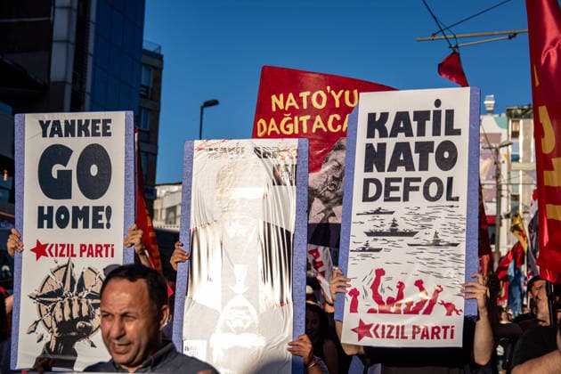 July 5, 2026, Istanbul, Istanbul, Turkey: Members and supporters of the No to NATO Coordination march during a demonstration under the slogan You Are Not Welcome, We Are Marching Against NATO in the Kadikoy district of Istanbul, Turkey, on July 5, 2026. The protest opposed NATO policies, militarization, and war, with participants carrying banners and chanting slogans during the march. Istanbul Turkey  - ZUMAt171 20260705_zip_t171_022 Copyright: xAbdullahxTepelix