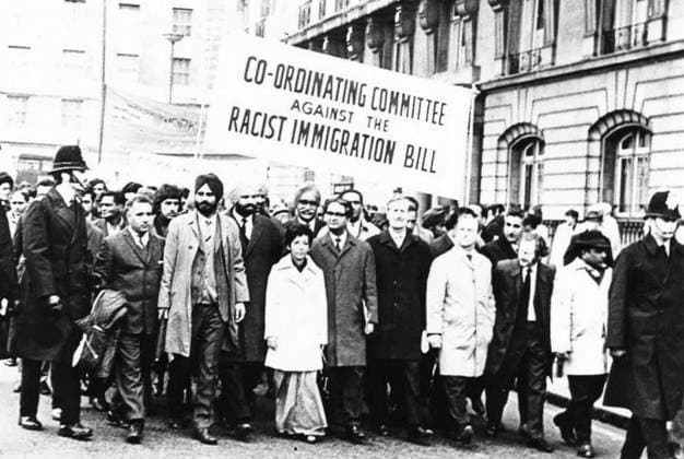 RECORD DATE NOT STATED Demonstration against the 1962 Immigration Bill Demonstration against the 1962 Immigration Bill, with Vishnu Sharma (fifth from left) and Ernie Roberts, MP (sixth from left) Editorial Use only. All other uses to be cleared for permission with WHA or representative agent., WHA_197_0207.JPG.jpg, Demonstration; 1962 Immigration Bill; Vishnu Sharma; Ernie Roberts; MP; protest; activists; civil rights; historical; political; social justice; equality; diversity; multiculturalism; United Kingdom; London; 1960s; activism; immigration reform; human rights; protest signs; group photo; public demonstration; British history; South Asian; British politics; anti-racism; solidarity; community; immigration policy; peaceful protest Copyright: xWorldxHistoryxArchivex