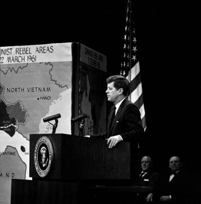 RECORD DATE NOT STATED President John F Kennedy, press conference on the Vietnam War. 1961. President John F Kennedy addresses a press conference during the early stages of the Vietnam War. 1961. Editorial Use only. All other uses to be cleared for permission with WHA or representative agent., WHA_197_1016.JPG.jpg, President John F Kennedy; press conference; Vietnam War; 1961; early stages; addressing; speech; leader; American history; politics; government; United States; president; public speaking; historical; international relations; conflict; military; diplomacy; communication; media; journalism; war; 1960s; iconic; candid; black and white; formal attire; suit; tie; serious. Copyright: xx