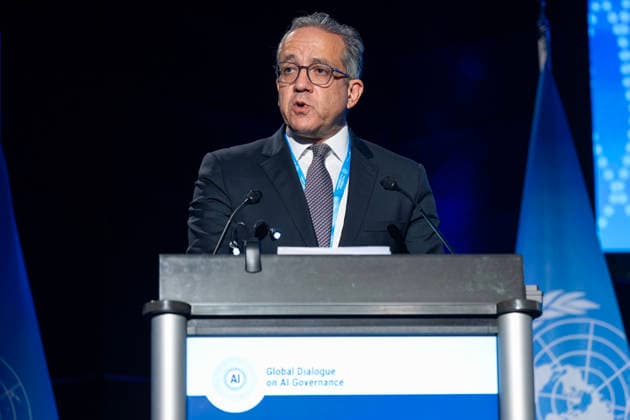 World Summit on Artificial Intelligence Jean Marc Ferré MAXPPP Geneva July 6, 2026 Khaled El Enany, Director-General of UNESCO, during the World Summit on Artificial Intelligence at Palexpo in Geneva on July 6, 2026. Photo by Jean Marc Ferré MAXPPP, Geneva, Switzerland  Copyright: xMAXPPPxJeanxMarcxFerréx FRR202607064830 FRR202607064830