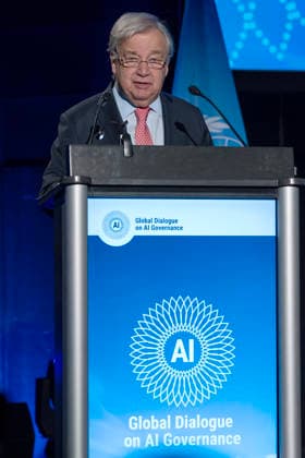 World Summit on Artificial Intelligence Jean Marc Ferré MAXPPP Geneva July 6, 2026 Antonio Guterres, Secretary-General of the United Nations, during the World Summit on Artificial Intelligence at Palexpo in Geneva on July 6, 2026. Photo by Jean Marc Ferré MAXPPP, Geneva, Switzerland  Copyright: xMAXPPPxJeanxMarcxFerréx FRR202607064856 FRR202607064856