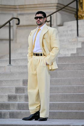 PFW Haute Couture Schiaparelli Outside Arrivals JR Bad Bunny arriving at the Schiaparelli show during Haute Couture Fashion Week in Paris, France, on 6 July 2026. Photo by Julien Reynaud APS-Medias ABACAPRESS.COM Paris France  Copyright: xReynaudxJulien APS-Medias ABACAx