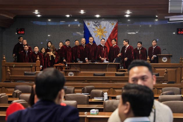Philippine Vice President Sara Duterte s impeachment trial begins METRO MANILA, PHILIPPINES - JULY 06: Senate President Francis Escudero, Senator Win Gatchalian and other senators acting as judges pose for a group photo following the opening of the impeachment trial of Philippine Vice President Sara Duterte inside the Senate in Pasay City, Metro Manila, Philippines, on July 06, 2026. The impeachment trial officially opened on July 06 and is expected to last several months. The proceedings come amid heightened political tensions and growing calls for accountability following corruption allegations involving officials in nationwide flood control projects. Daniel Ceng Anadolu Manila Philippines. Editorial use only. Please get in touch for an  Copyright: x2026xAnadoluxDanielxCengx