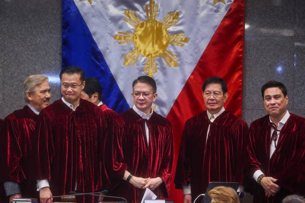 Philippine Vice President Sara Duterte s impeachment trial begins METRO MANILA, PHILIPPINES - JULY 06: Senate President Francis Escudero (M), Senator Win Gatchalian (2-L) and other senators acting as judges pose for photographs following the opening session of the impeachment trial of Philippine Vice President Sara Duterte inside the Senate in Pasay City, Metro Manila, Philippines, on July 06, 2026. The impeachment trial officially opened on July 06 and is expected to last several months. The proceedings come amid heightened political tensions and growing calls for accountability following corruption allegations involving officials in nationwide flood control projects. Daniel Ceng Anadolu Manila Philippines. Editorial use only. Please get  Copyright: x2026xAnadoluxDanielxCengx