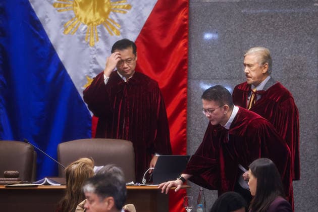 Philippine Vice President Sara Duterte s impeachment trial begins METRO MANILA, PHILIPPINES - JULY 06: Senate President Francis Escudero (R), Senator Win Gatchalian (L) and other senators acting as judges chat during the opening session of the impeachment trial of Philippine Vice President Sara Duterte inside the Senate in Pasay City, Metro Manila, Philippines, on July 06, 2026. The impeachment trial officially opened on July 06 and is expected to last several months. The proceedings come amid heightened political tensions and growing calls for accountability following corruption allegations involving officials in nationwide flood control projects. Daniel Ceng Anadolu Manila Philippines. Editorial use only. Please get in touch for any oth  Copyright: x2026xAnadoluxDanielxCengx