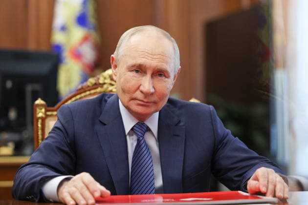 RUSSIA, MOSCOW - JULY 6, 2026: Vladimir Putin, President of Russia, attends a meeting with Dmitry Milyayev, Tula Region Governor, at the Moscow Kremlin. Gavriil Grigorov Russian Presidential Press and Information Office TASS  94747312