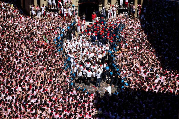 San Fermin Festival in Spain PAMPLONA, SPAIN - JULY 06: People celebrate during the opening of the San Fermin Festival in Pamplona, Spain on July 06, 2026. The festival, one of Spain s best-known cultural events and famous for the running of the bulls through narrow streets, officially began with the traditional Chupinazo, a ceremonial rocket launched from the balcony of the city hall. Ruben Albarran Anadolu Pamplona Spain. Editorial use only. Please get in touch for any other usage.  Copyright: x2026xAnadoluxRubenxAlbarranx