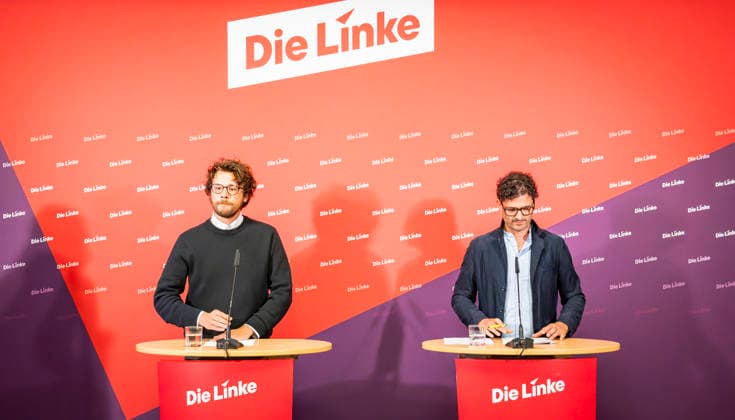 Niklas Schenker + Luigi Pantisano EUR, Deutschland, Berlin, 06.07.2026: Pressekonferenz von Luigi Pantisano (re) Vorsitzender der Partei Die Linke und (li) Niklas Schenker (Die Linke -Berliner Abgeordnetenhaus) Sprecher für Mieten, Wohnen, Bauen, Rad- und Fußverkehr, Clubkultur im Karl-Liebknecht-Haus zu aktuellen Themen. *** Niklas Schenker, Luigi Pantisano, EUR, Germany, Berlin, July 6, 2026 Press conference with Luigi Pantisano, co-chair of the party Die Linke, and Niklas Schenker, Die Linke member of the Berlin House of Representatives and spokesperson for rent, housing, construction, cycling and pedestrian traffic, and club culture, at the Karl Liebknecht House on current issues
