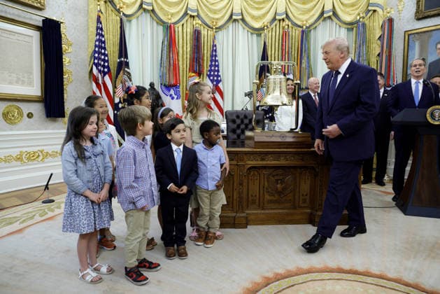 President Donald Trump prepares to speak on the first day of trading for Trump Accounts in the Oval Office of the White House in Washington, DC on Monday, July 6, 2026. Trump Accounts grant eligible US children born between 2026 and 2028 $1000.00 to fund starter IRAs.  WASP20260706100 SHAWNxTHEW
