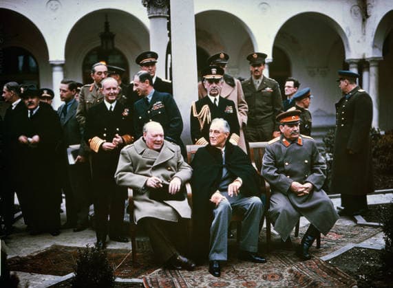 RECORD DATE NOT STATED Photo of Churchill, Roosevelt, and Stalin at a wartime conference. Photograph featuring Winston Churchill, Franklin D. Roosevelt, and Joseph Stalin seated together, surrounded by military and political advisors, including British Foreign Minister Anthony Eden and Soviet Foreign Minister Vyacheslav Molotov (far left); Field Marshal Sir Alan Brooke, Admiral of the Fleet Sir Andrew Cunningham, RN, Marshal of the RAF Sir Charles Portal, RAF (standing behind Churchill); General George C. Marshall, Chief of Staff of the United States Army, and Fleet Admiral William D. Leahy, USN (standing behind Roosevelt). This event took place during World War II, focusing on post-war reorganization, in February 1945. Editorial use only. Copyright: xWorldxHistoryxArchivex