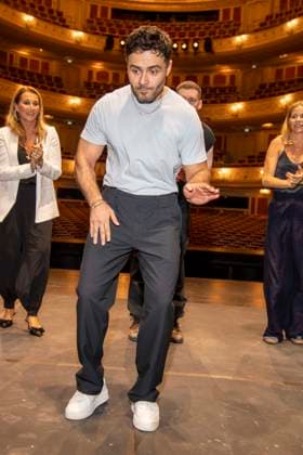 ABB STOMP s Aram Arami dances on stage during a photo op for TV to mark STOMP s guest performance at the Staatsoper Unter den Linden in Berlin on July 6, 2026, Berlin, Germany