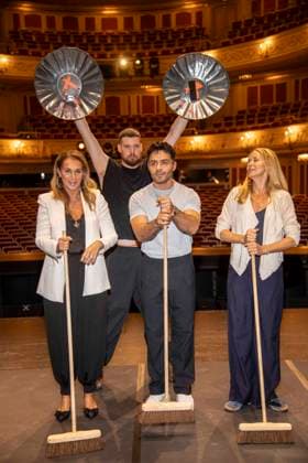 ABB STOMP: Caroline Beil, SEAN PERHAM, Aram Arami, and Jessica Ginkel on stage during the photo TV call for STOMP s guest performance at the Staatsoper Unter den Linden, Berlin, on July 6, 2026, Berlin, Germany