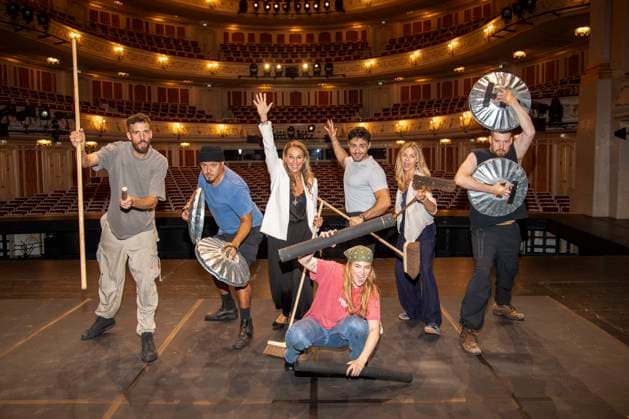 ABB STOMP DOMINIK SCHAD, JOSHUA CRUZ, Caroline Beil, Aram Arami, MOLLY WALLACE, Jessica Ginkel and SEAN PERHAM on stage during the photo TV call for STOMP’s guest performance at the Staatsoper Unter den Linden, Berlin, on July 6, 2026, Berlin, Germany