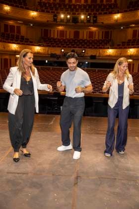 ABB STOMP: Caroline Beil, Aram Arami, and Jessica Ginkel on stage during a photo op for TV to promote STOMP s guest performance at the Staatsoper Unter den Linden in Berlin on July 6, 2026, Berlin, Germany