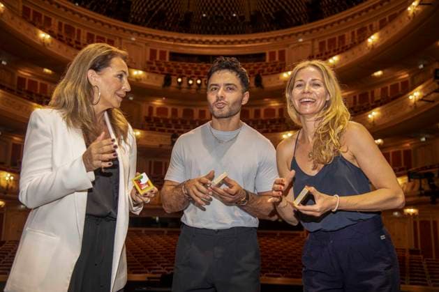 ABB STOMP: Caroline Beil, Aram Arami, and Jessica Ginkel on stage during a photo op for TV to promote STOMP s guest performance at the Staatsoper Unter den Linden in Berlin on July 6, 2026, Berlin, Germany