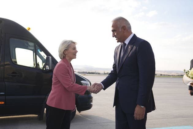Ahead of 36th NATO Summit in Ankara ANKARA, TURKIYE - JULY 6: European Commission President Ursula von der Leyen is welcomed by Turkish Minister of Culture and Tourism, Mehmet Nuri Ersoy at Esenboga Airport ahead of the 36th NATO Heads of State and Government Summit in Ankara, Turkiye, on July 6, 2026.? Metin Aktas Anadolu Ankara Turkey. Editorial use only. Please get in touch for any other usage.  Copyright: x2026xAnadoluxMetinxAktasx