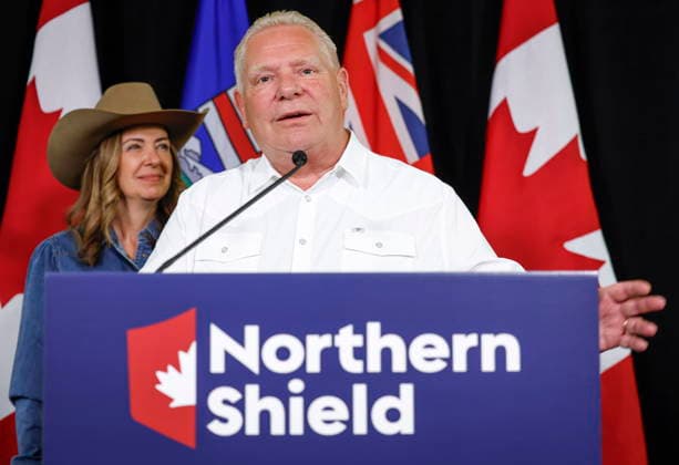 July 6, 2026, Calgary, Ab, CANADA: Ontario Premier Doug Ford and Alberta Premier Danielle Smith, left, announce the Northern Shield pipeline proposal in Calgary, Monday, July 6, 2026. Calgary CANADA  - ZUMAc35_ 20260706_zaf_c35_040 Copyright: xJeffxMcintoshx