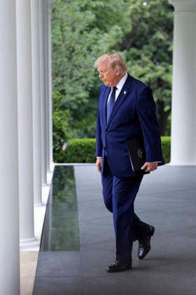 US President Donald J. Trump walks from the Oval Office to deliver remarks on Trump Accounts at a Rose Garden Club luncheron at the White House in Washington, DC on Monday, July 6, 2026. Trump Accounts grant eligible US children born between 2026 and 2028 $1000.00 to fund starter IRA.  WASP20260706152 SHAWNxTHEW