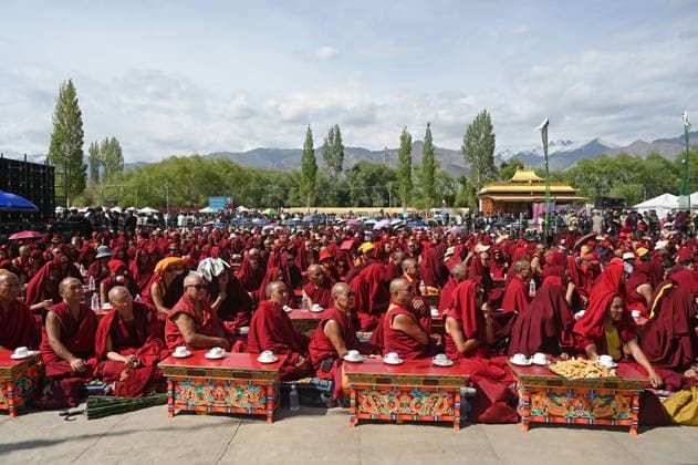 LEH, INDIA - JULY 6: Buddhist monks gather during celebrations marking the 91st birthday of Tibetan spiritual leader the 14th Dalai Lama, Tenzin Gyatso, at Choglamsar on July 6, 2026 in Leh, India. (Photo by Waseem Andrabi Hindustan Times) Buddhist Community In Leh Celebrates 91st Birthday Of Tibetan Spiritual Leader The 91st Birthday Of His Holiness The Dalai Lama