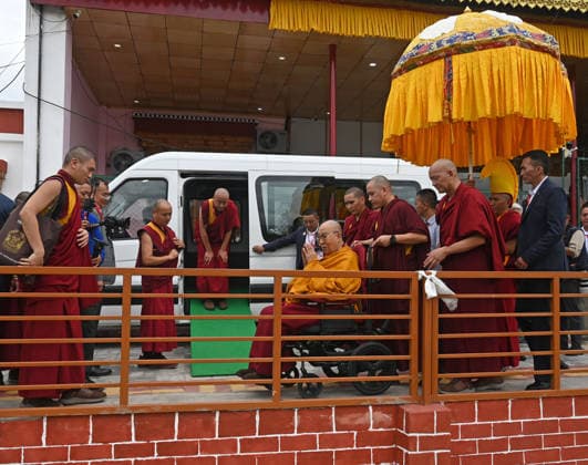 LEH, INDIA - JULY 6: Tibetan Spiritual leader the 14th Dalai Lama, Tenzin Gyatso, during an event organized as part of his 91th Birthday celebrations, at Choglamsar on July 6, 2026 in Leh, India. (Photo by Waseem Andrabi Hindustan Times) Buddhist Community In Leh Celebrates 91st Birthday Of Tibetan Spiritual Leader The 91st Birthday Of His Holiness The Dalai Lama