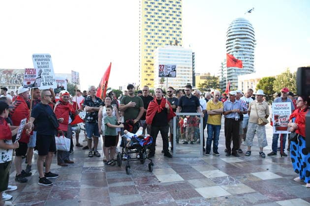 Protests continue in Albania against tourism project in Zvernec TIRANA, ALBANIA - JULY 6: Protesters gather at Skanderbeg Square on the 37th day of demonstrations against a planned tourism project in the Zvernec area of Vlora, chanting the slogan Albania is not for sale in Tirana, Albania, on July 6, 2026. Olsi Shehu Anadolu Tirana Albania. Editorial use only. Please get in touch for any other usage.  Copyright: x2026xAnadoluxOlsixShehux