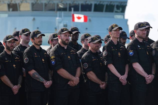 July 6, 2026, Halifax, Ns, Canada: Sailors listen as Prime Minister Mark Carney (not pictured) announces German shipbuilder ThyssenKrupp Marine Systems (TKMS) will build the Canadian navy s new fleet of submarines at HMC Dockyard in Halifax on Monday, July 6, 2026. Halifax Canada  - ZUMAc35_ 20260706_zaf_c35_087 Copyright: xDarrenxCalabresex